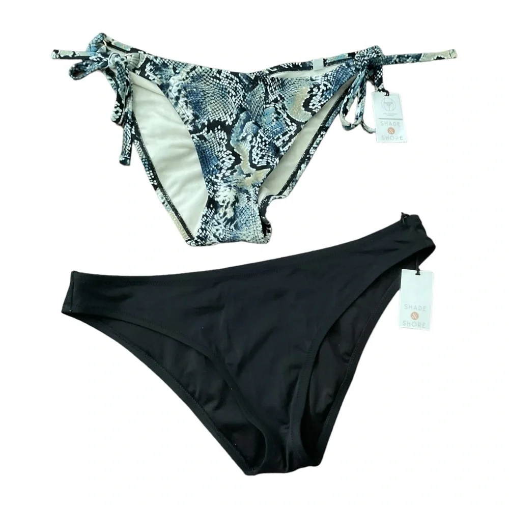 Shade&Shore Swimwear Black Blue Bikini Bottom Tie Cheeky High Leg Lot of 2 SZ Lg